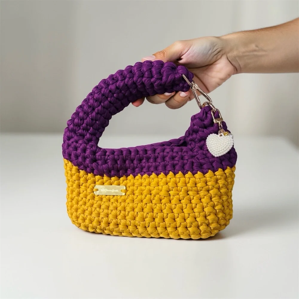 103-Handmade Two-Tone Crochet Bag in Purple and Mustard - Picture 5 of 7